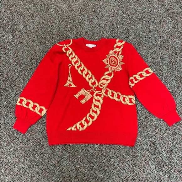St. John Sweaters - Vintage ST JOHN Collection Red & Gold Paris Charm Bracelet Graphic Sweater-M